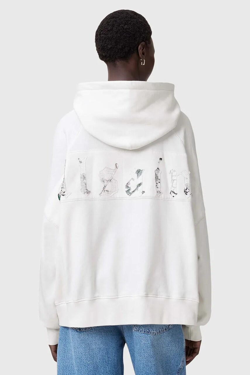 Бавовняна кофта AllSaints FUSE жіноча колір білий з капюшоном з аплікацією W058JC