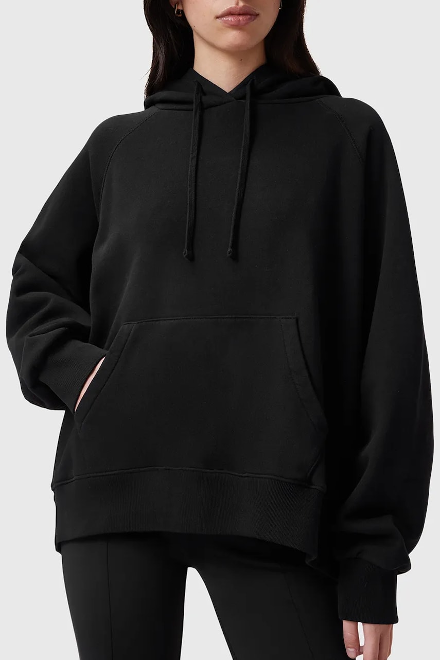 Бавовняна кофта AllSaints FUSE жіноча колір чорний з капюшоном з аплікацією W058JC
