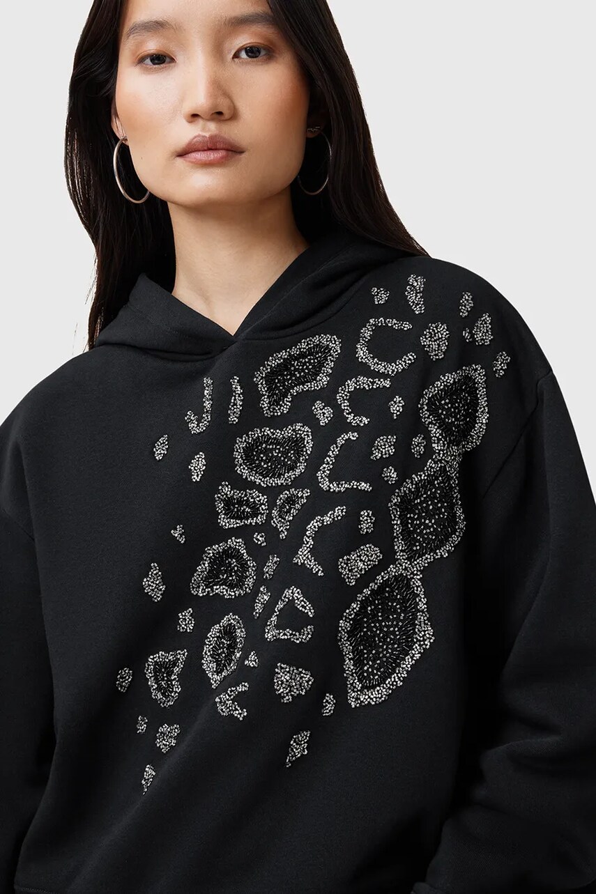 Кофта AllSaints FLOW жіноча колір чорний з капюшоном з аплікацією W044JC