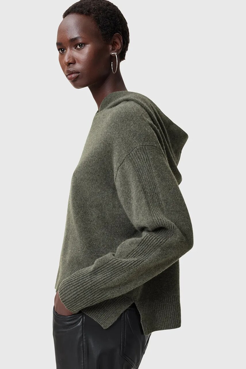 Шерстяна кофта AllSaints IRINA жіноча колір сірий з капюшоном однотонна W070KC