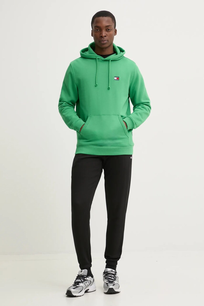 Бавовняна кофта Tommy Jeans чоловіча колір зелений з капюшоном однотонна DM0DM20258