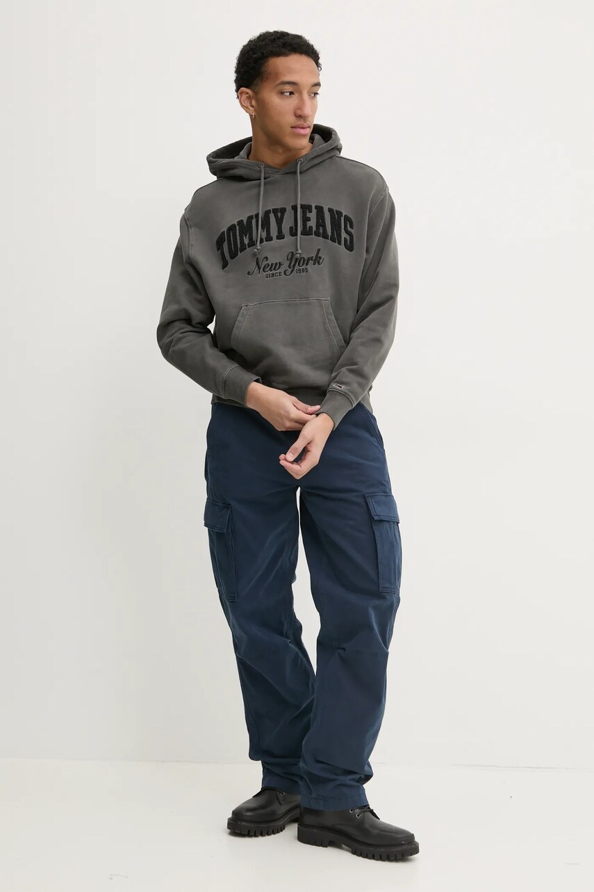 Бавовняна кофта Tommy Jeans чоловіча колір сірий з капюшоном з аплікацією DM0DM20263