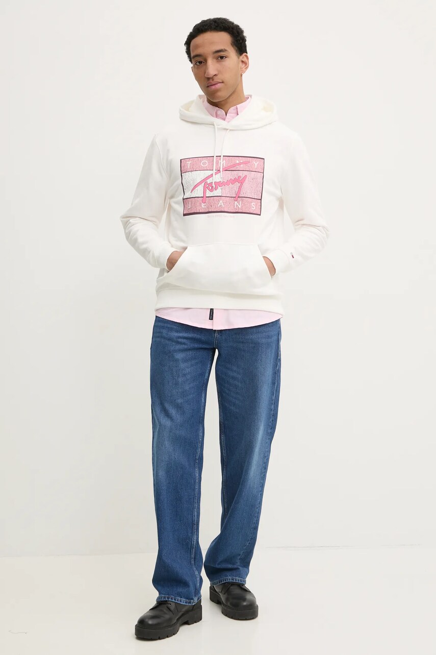 Бавовняна кофта Tommy Jeans чоловіча колір бежевий з капюшоном з принтом DM0DM21100