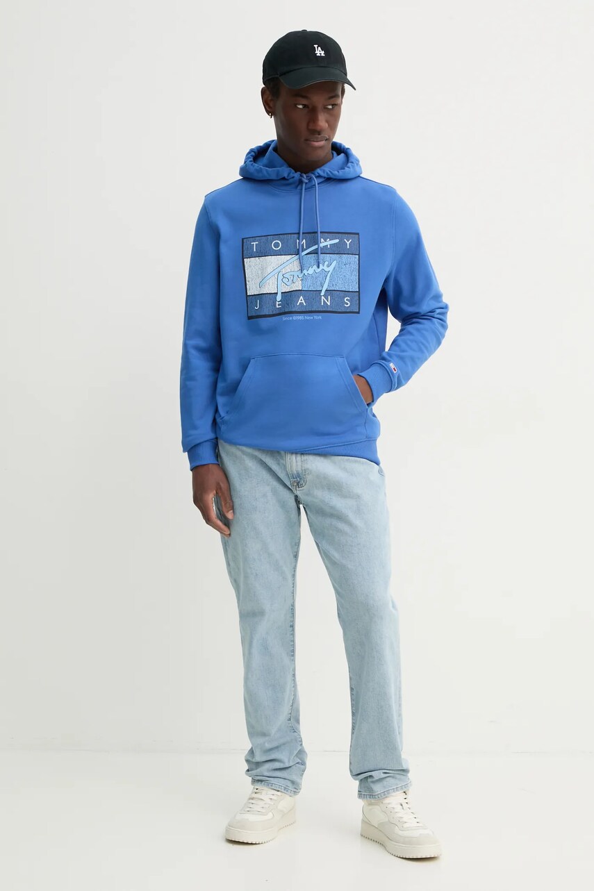 Бавовняна кофта Tommy Jeans чоловіча колір фіолетовий з капюшоном з принтом DM0DM21100