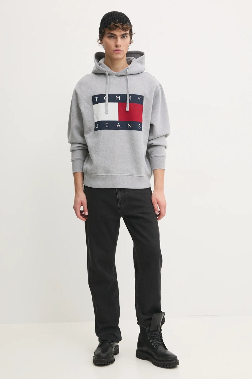 Кофта Tommy Jeans чоловіча колір сірий з капюшоном з принтом DM0DM21174