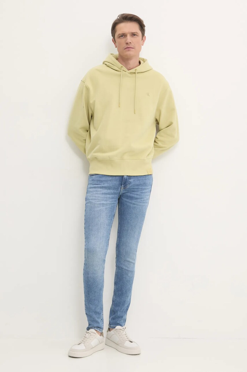 Бавовняна кофта Calvin Klein Jeans чоловіча колір жовтий з капюшоном однотонна J30J326748
