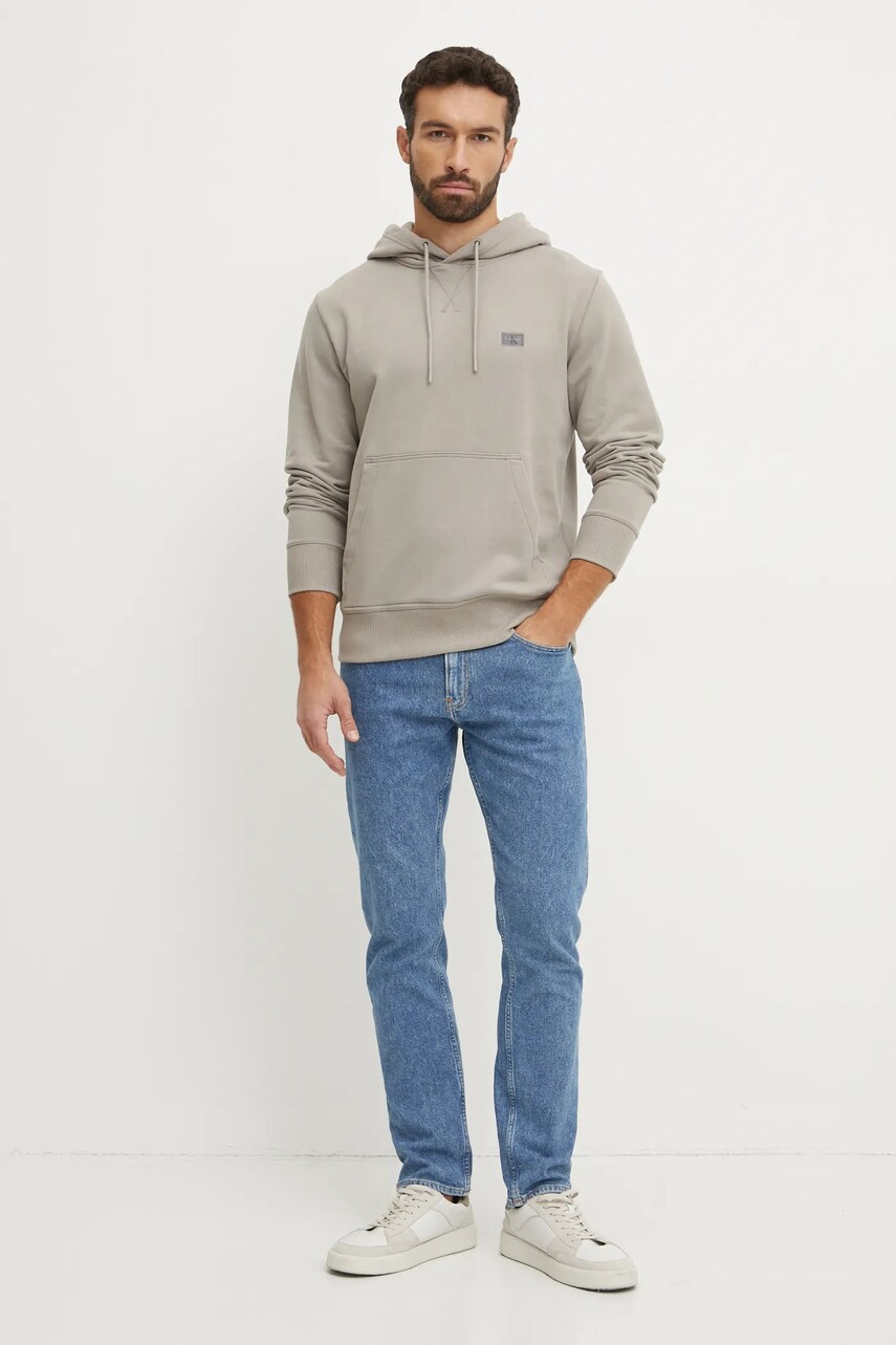 Бавовняна кофта Calvin Klein Jeans чоловіча колір сірий з капюшоном однотонна J30J327113