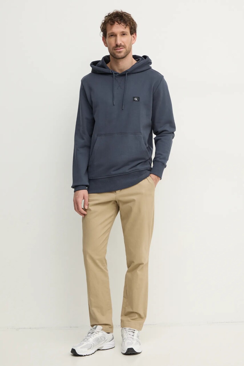 Бавовняна кофта Calvin Klein Jeans чоловіча колір синій з капюшоном однотонна J30J327113
