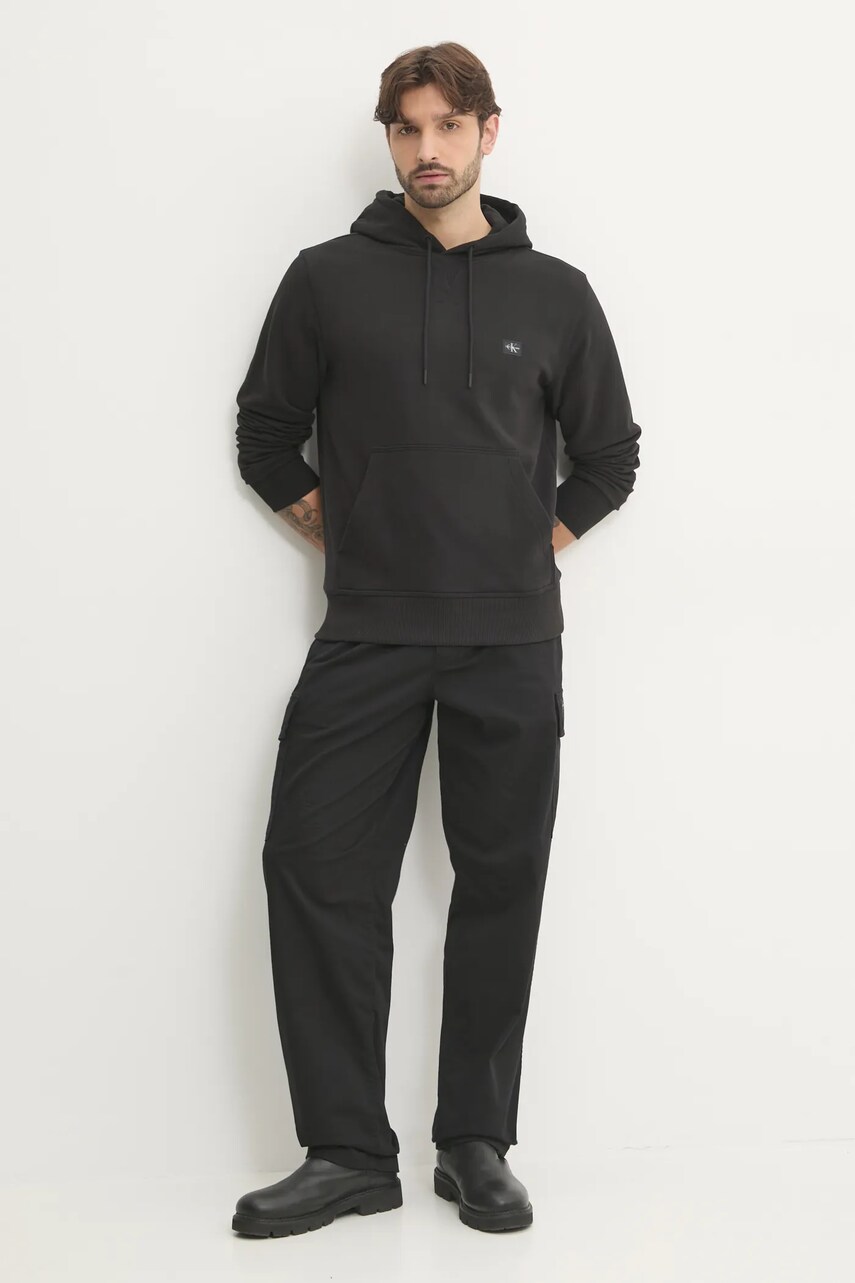 Бавовняна кофта Calvin Klein Jeans чоловіча колір чорний з капюшоном однотонна J30J327113