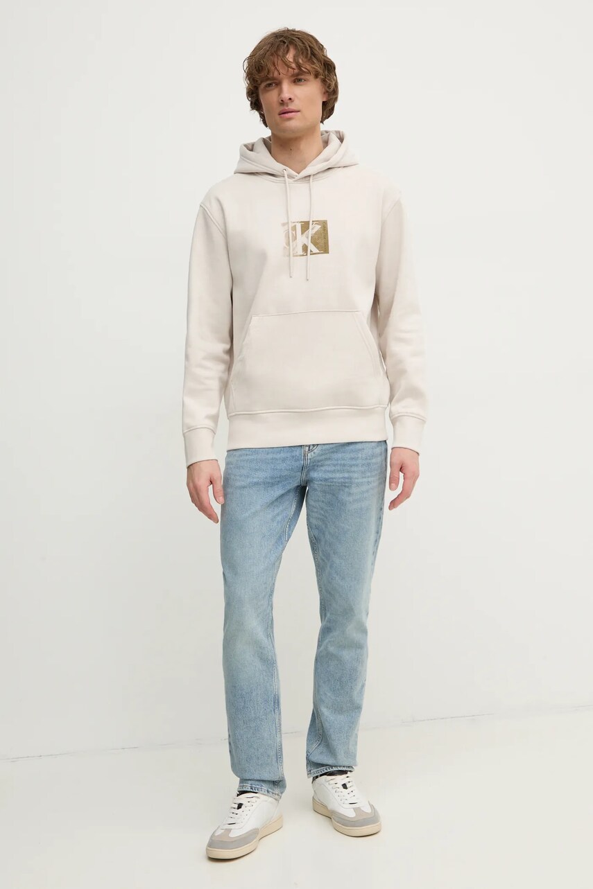 Кофта Calvin Klein Jeans чоловіча колір бежевий з капюшоном з принтом J30J327118