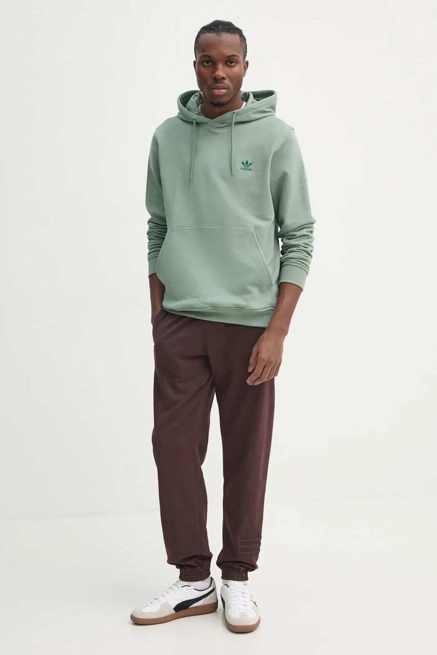 Бавовняна кофта adidas Originals Essential чоловіча колір зелений з капюшоном однотонна JD2410