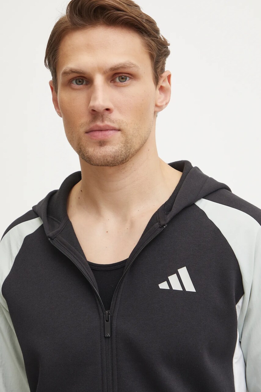 Кофта adidas Essential Colorblock чоловіча колір чорний з капюшоном візерунок JD8067