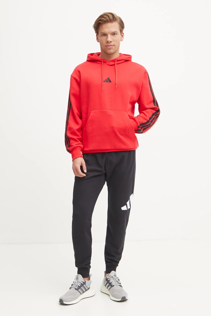 Кофта adidas Essentials чоловіча колір червоний з капюшоном з аплікацією JE6298
