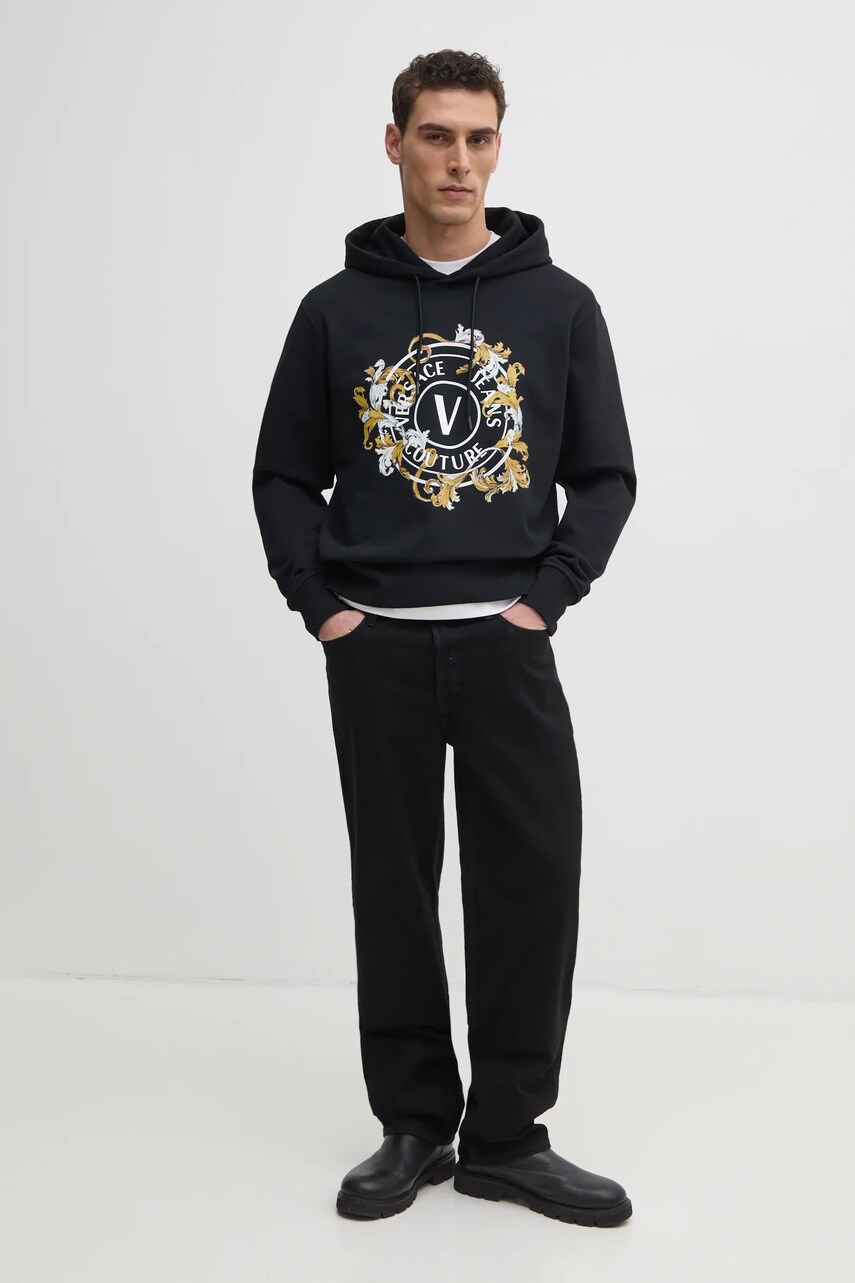 Бавовняна кофта Versace Jeans Couture чоловіча колір чорний з капюшоном з принтом 78GAIC01 CF00C