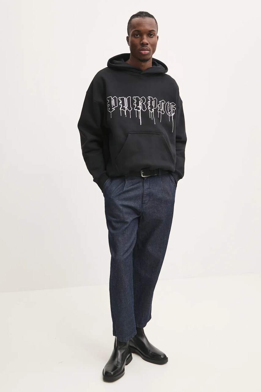 Бавовняна кофта PURPLE BRAND HWT FLEECE PO HOODY чоловіча колір чорний з капюшоном з аплікацією P401-HBGD125