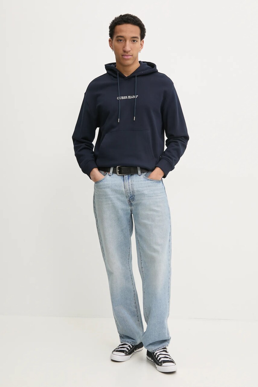 Кофта Guess Jeans чоловіча колір синій з капюшоном з аплікацією M5RQ38 KCPR1
