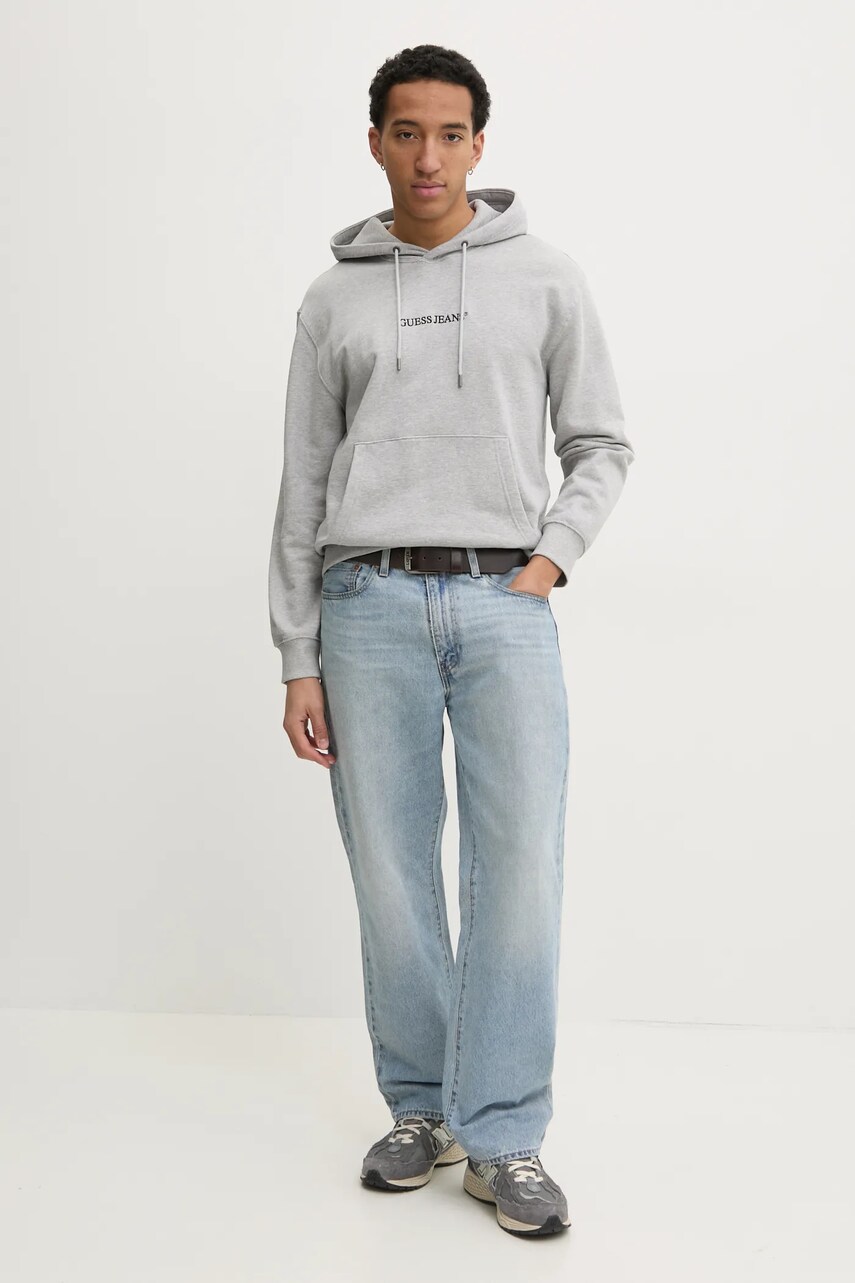Кофта Guess Jeans чоловіча колір сірий з капюшоном з аплікацією M5RQ38 KCPR1