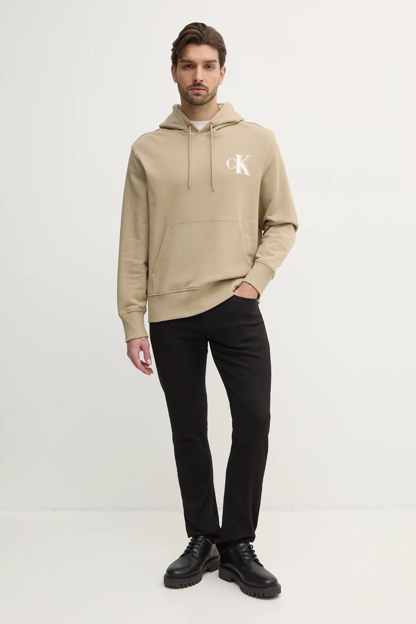 Бавовняна кофта Calvin Klein Jeans чоловіча колір зелений з капюшоном з принтом J30J327476