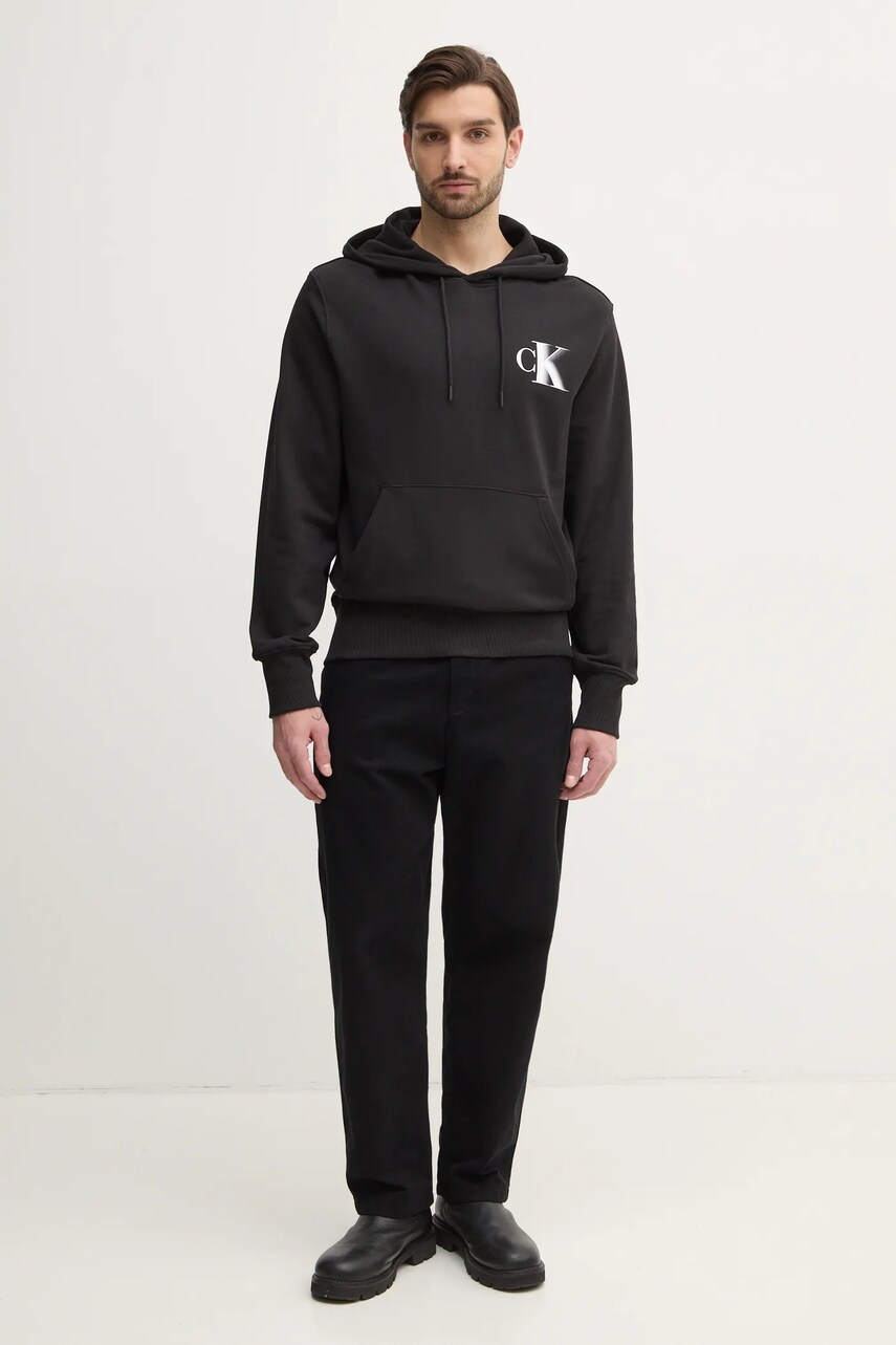 Бавовняна кофта Calvin Klein Jeans чоловіча колір чорний з капюшоном з принтом J30J327476