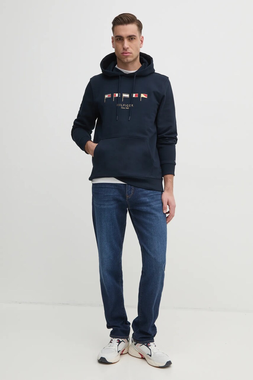 Бавовняна кофта Tommy Hilfiger чоловіча колір синій з капюшоном з аплікацією MW0MW38666