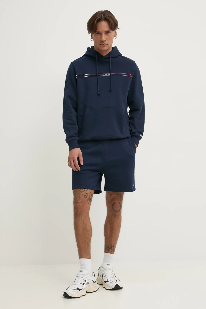 Бавовняна кофта Tommy Jeans чоловіча колір синій з капюшоном з принтом DM0DM20847