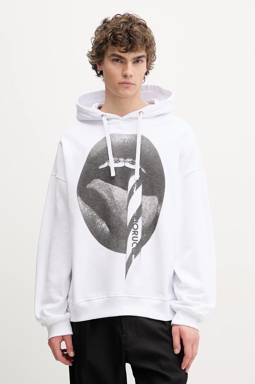 Бавовняна кофта Fiorucci Mouth Print Relaxed Fit Hoodie колір білий з капюшоном з принтом U02SPSHO092CJ05WH05