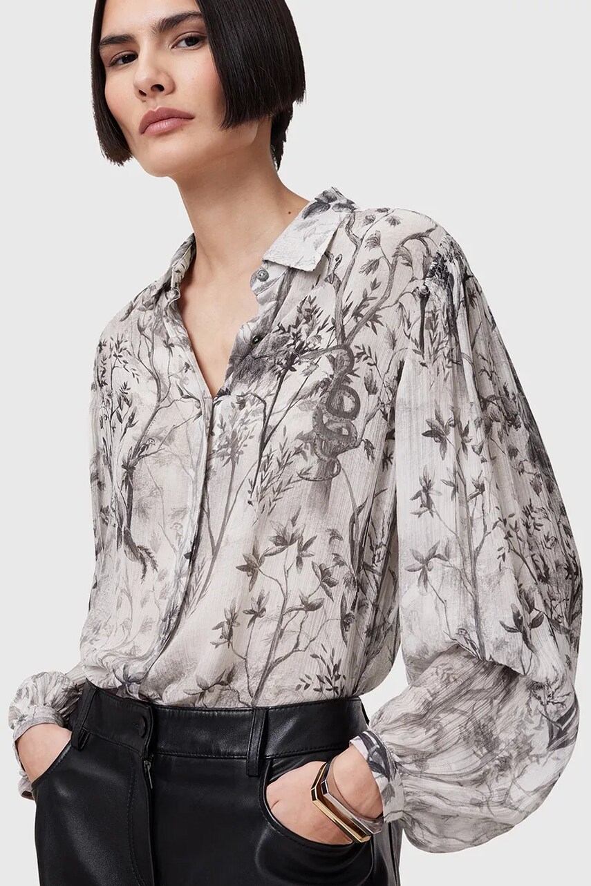 Сорочка з домішкою шовку AllSaints EDDIE жіноча колір сірий relaxed класичний комір W044PC