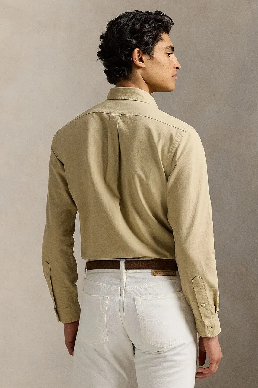 Бавовняна сорочка Polo Ralph Lauren чоловіча колір бежевий slim комір button-down 710960643