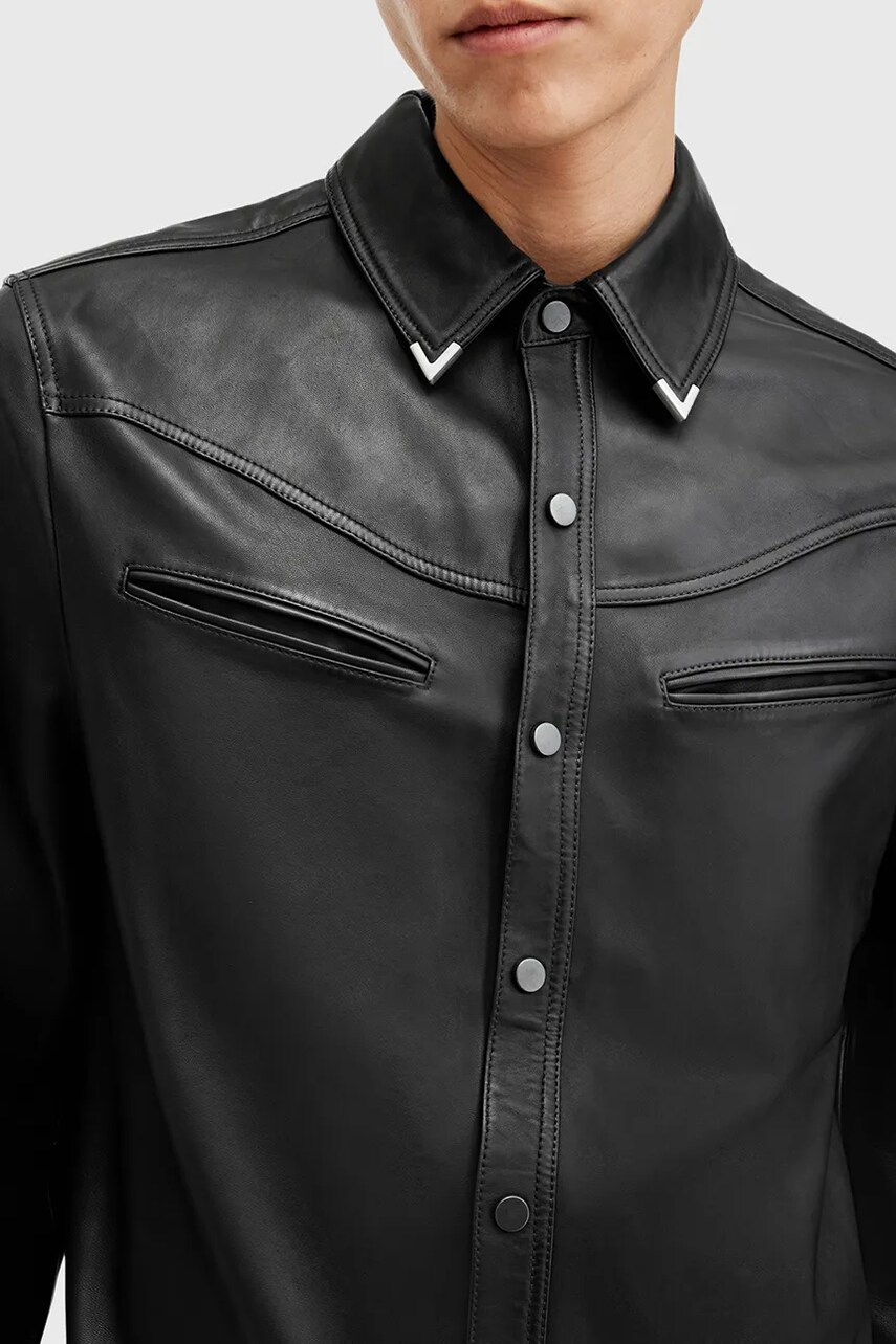 Шкіряна сорочка AllSaints DRAVEN колір чорний regular класичний комір M071SB