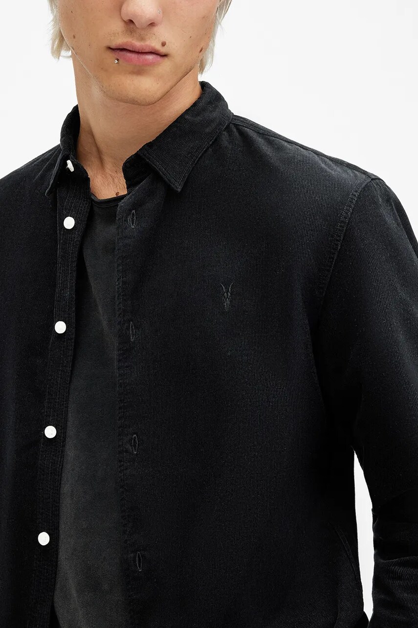 Бавовняна сорочка AllSaints BIRCHWOOD чоловіча колір чорний slim класичний комір M144SB