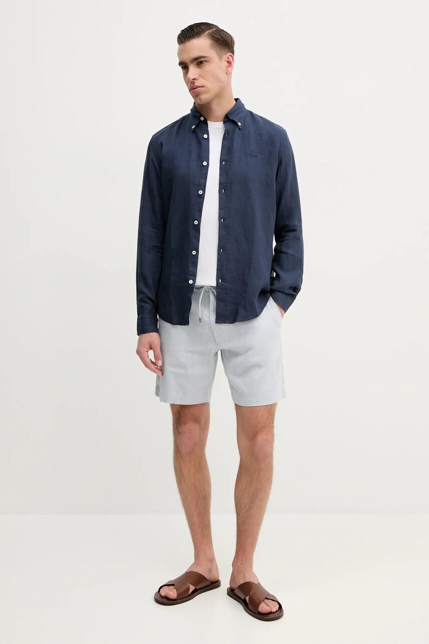 Сорочка з льону BOSS чоловіча колір синій slim комір button-down 50520283