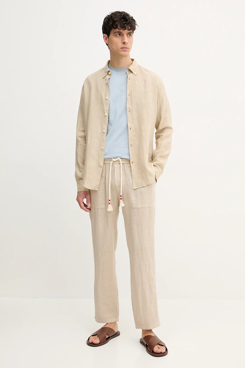 Сорочка з льону BOSS чоловіча колір бежевий slim комір button-down 50520283