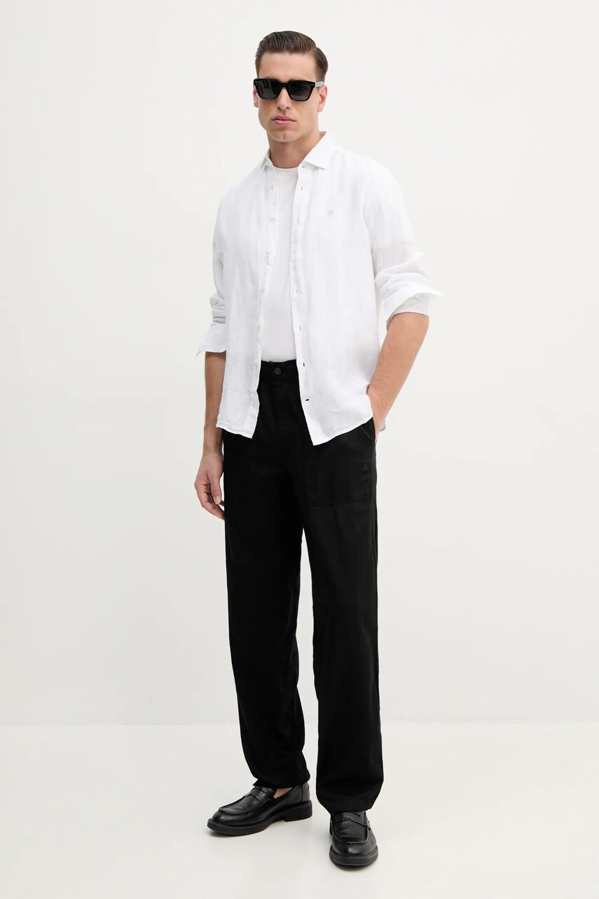 Сорочка з льону Hackett London чоловіча колір білий regular класичний комір HM3010266