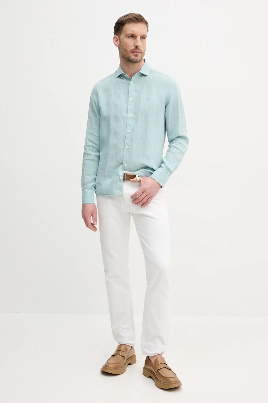 Сорочка з льону Hackett London чоловіча колір бірюзовий regular класичний комір HM3010266