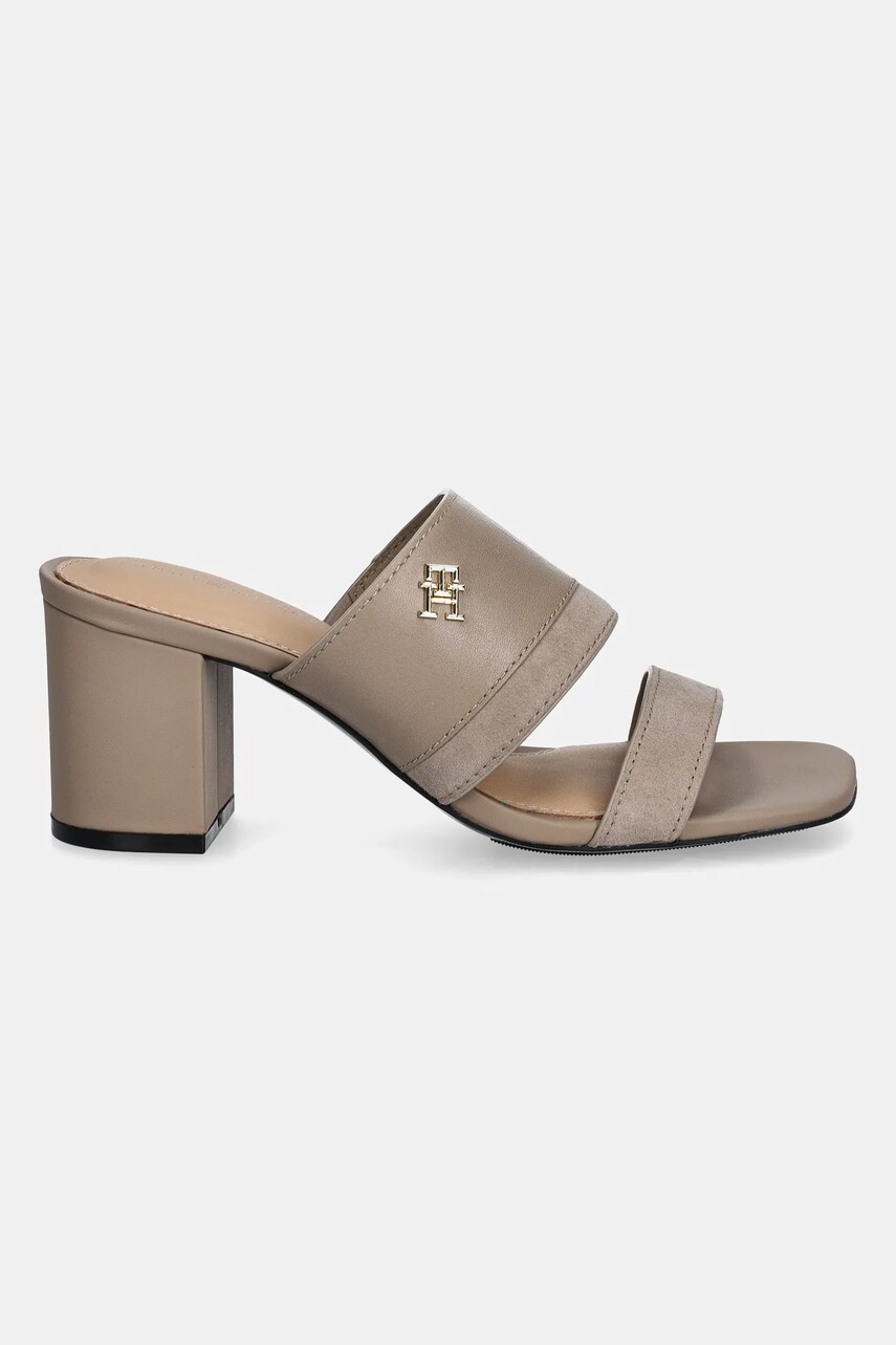 Шкіряні шльопанці Tommy Hilfiger LEATHER & SUEDE BLOCK HEEL MULE жіночі колір бежевий каблук блок FW0FW08530