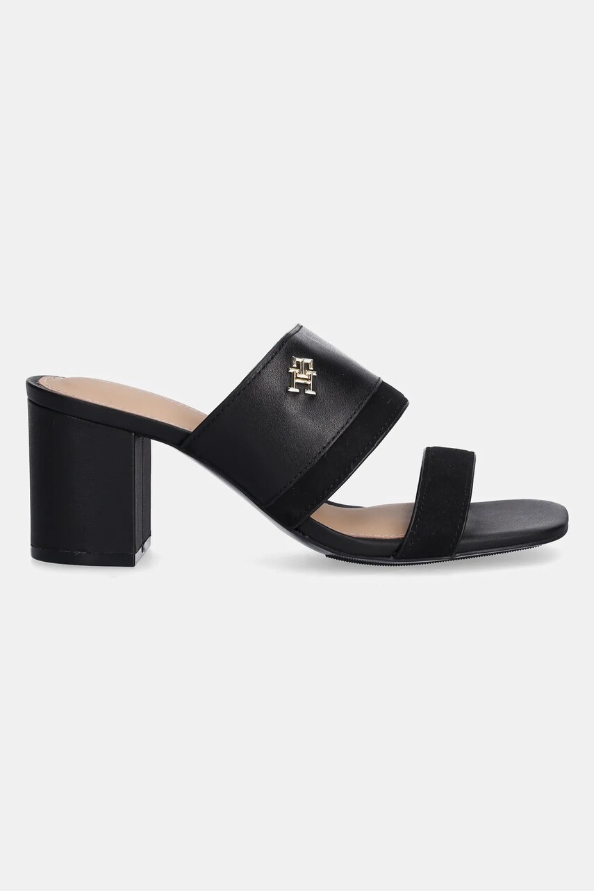 Шкіряні шльопанці Tommy Hilfiger LEATHER & SUEDE BLOCK HEEL MULE жіночі колір чорний каблук блок FW0FW08530