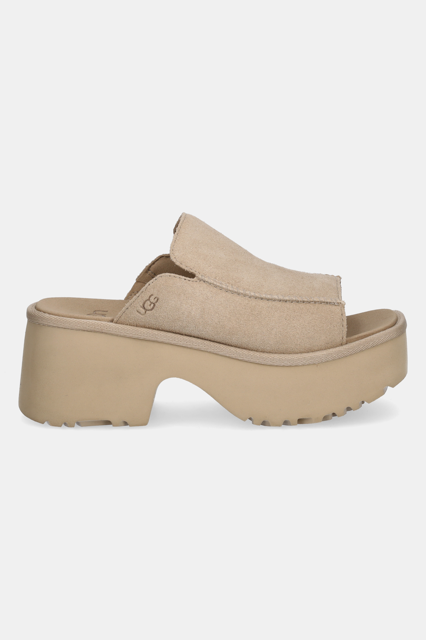 Замшеві шльопанці UGG New Heights Slide жіночі колір бежевий на платформі 1167476-MDSD