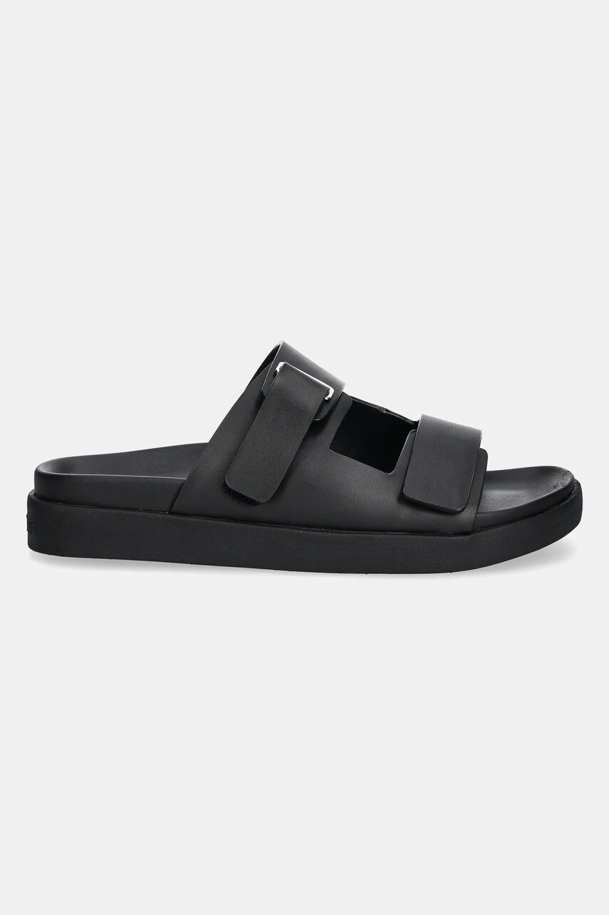 Шкіряні шльопанці Calvin Klein FLAT ADJ SLIDE EYELET жіночі колір чорний HW0HW02489
