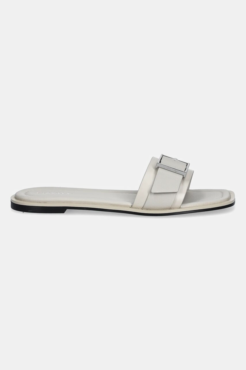 Шкіряні шльопанці Calvin Klein FLAT SLIDE W/BUCKLE - LTH жіночі колір бежевий HW0HW02490