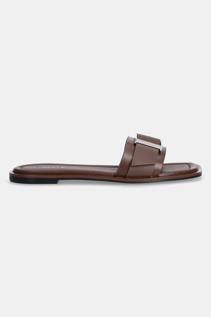 Шкіряні шльопанці Calvin Klein FLAT SLIDE W/BUCKLE - LTH жіночі колір коричневий HW0HW02490