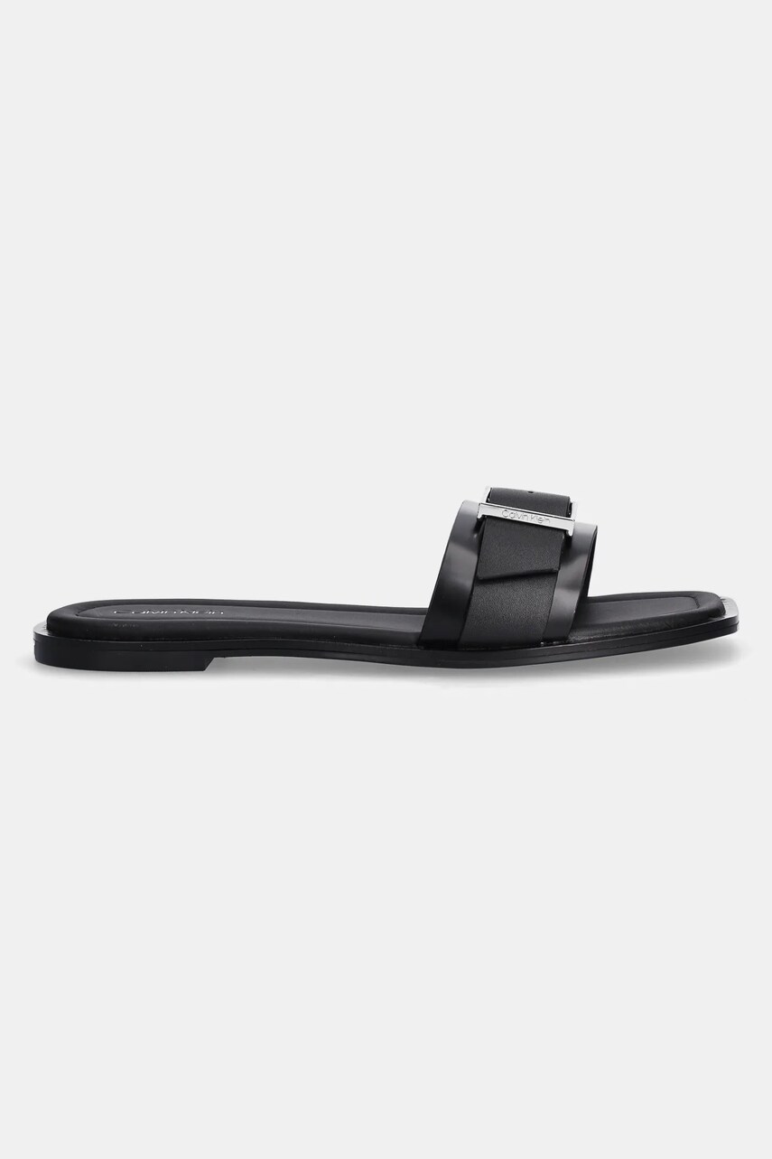 Шкіряні шльопанці Calvin Klein FLAT SLIDE W/BUCKLE - LTH жіночі колір чорний HW0HW02490