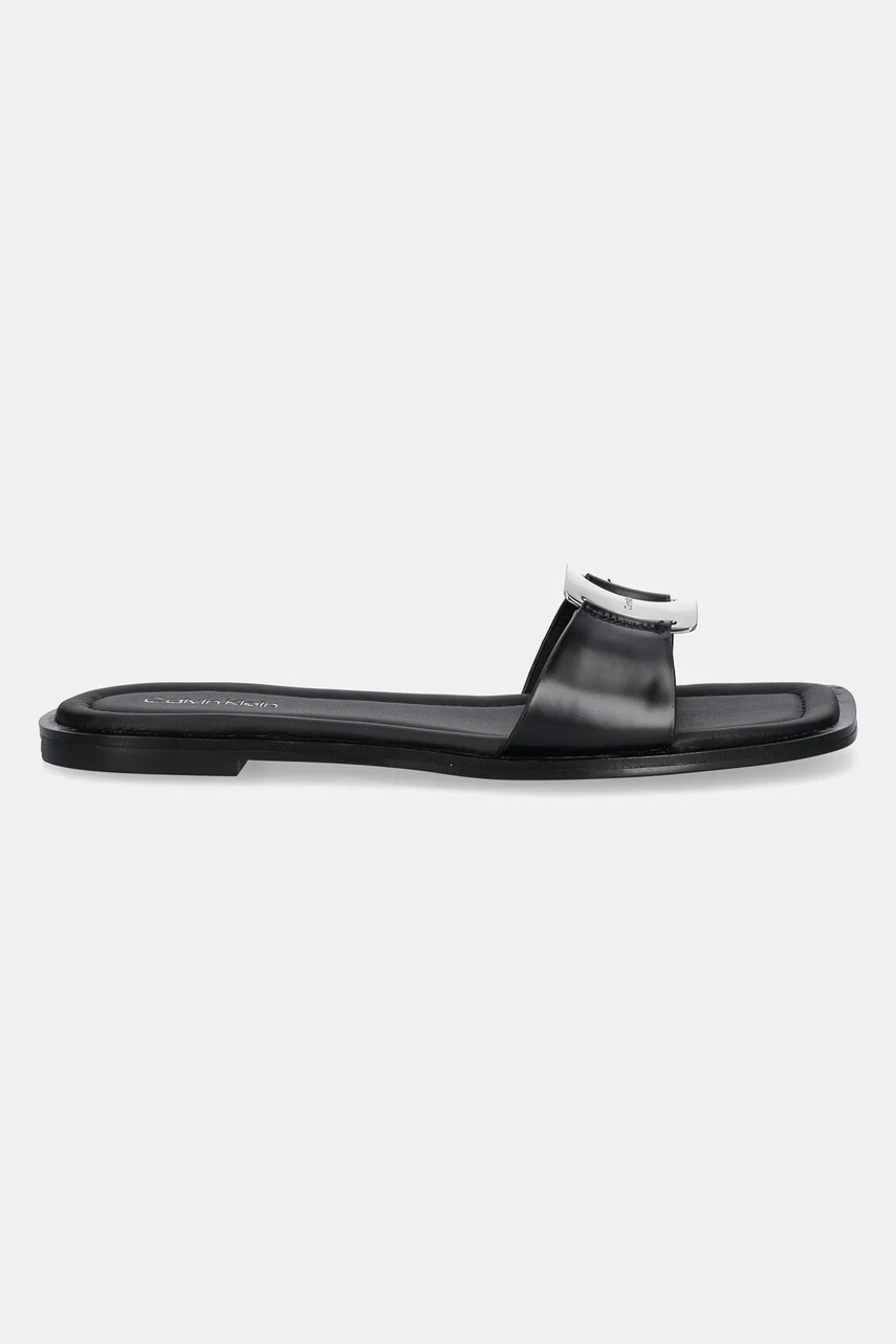 Шкіряні шльопанці Calvin Klein FLAT SLIDE W/CK HW BIG - LTH жіночі колір чорний HW0HW02482