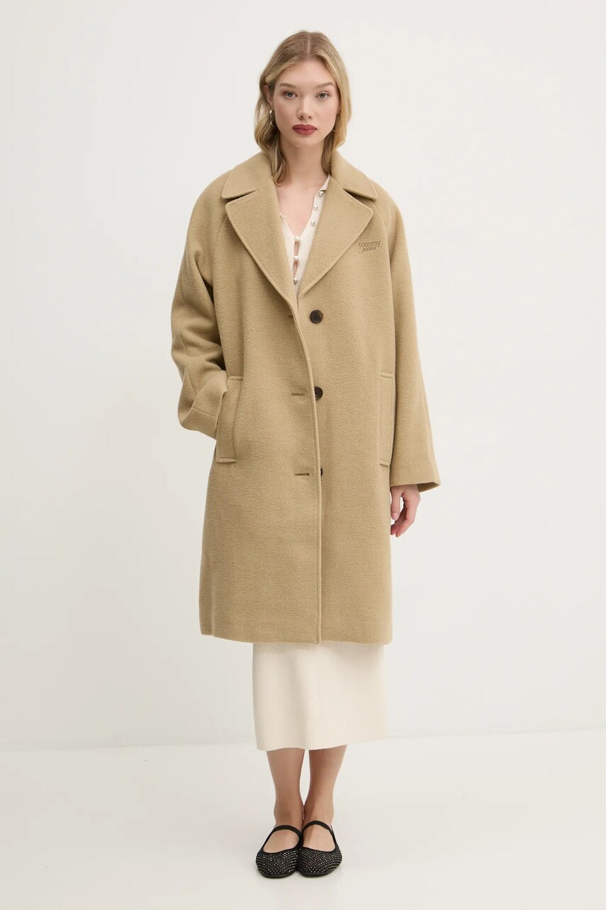 Пальто з домішкою вовни Tommy Jeans колір бежевий перехідне oversize DW0DW20166