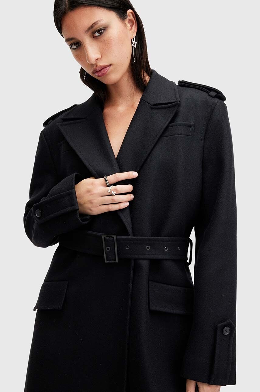 Вовняне пальто AllSaints AUGUSTA колір чорний перехідне двобортне W058OA