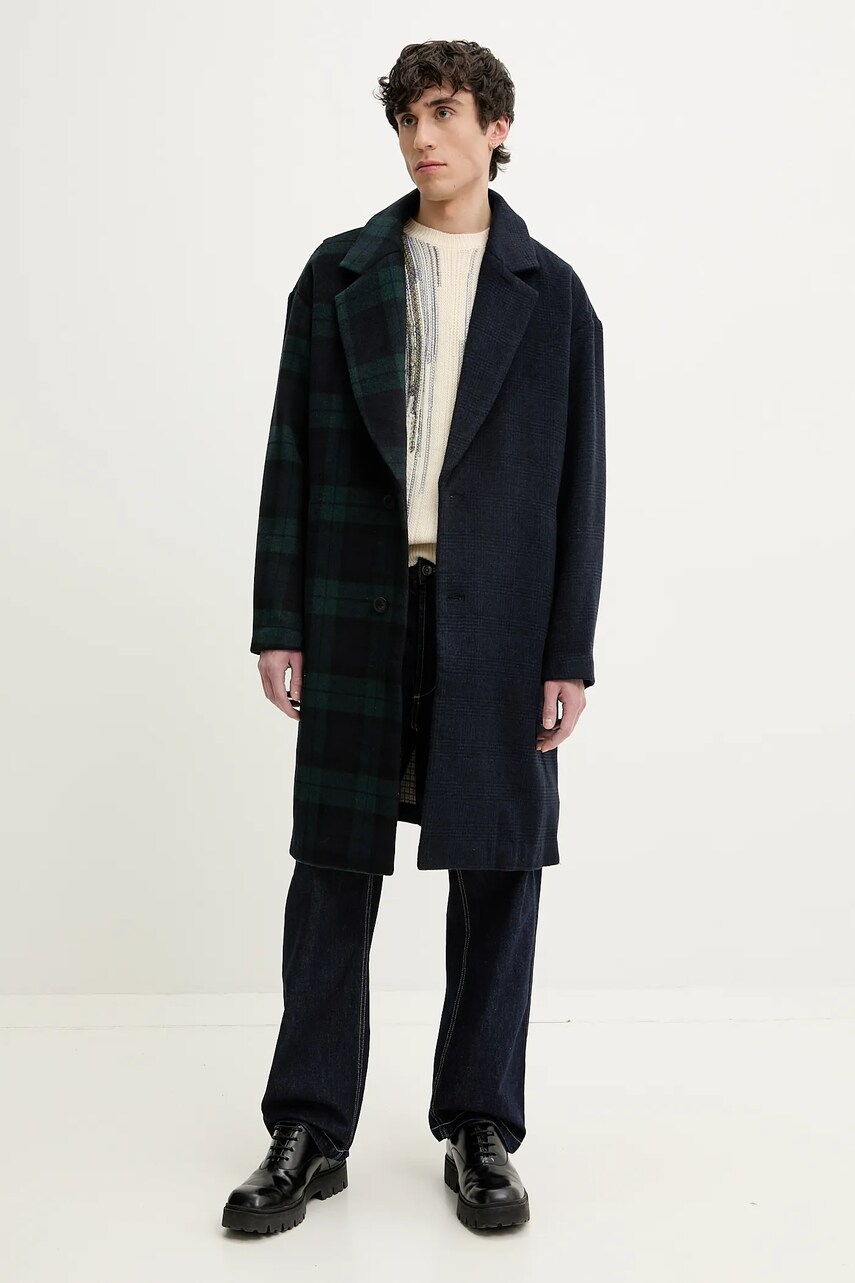 Вовняне пальто Desigual YUKON чоловіче колір синій перехідне oversize 25SMEW04