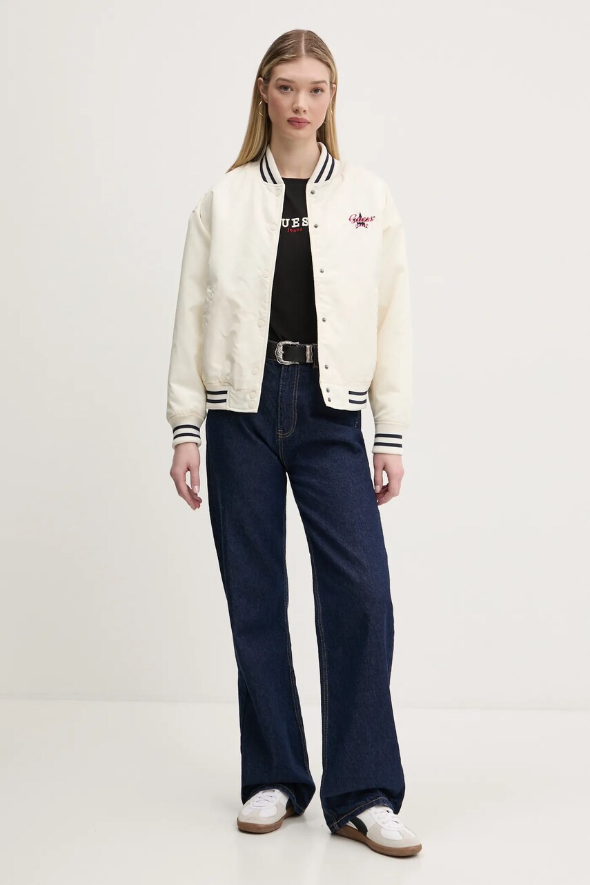 Куртка-бомбер Guess Jeans жіноча колір бежевий перехідна oversize W5RL43 WHAA2