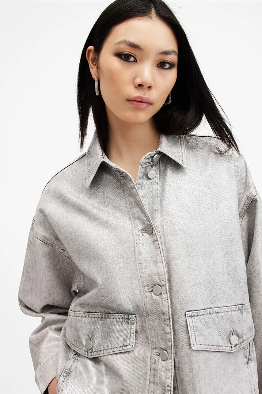 Бавовняна джинсова куртка AllSaints HETTIE колір сірий перехідна oversize W106PB
