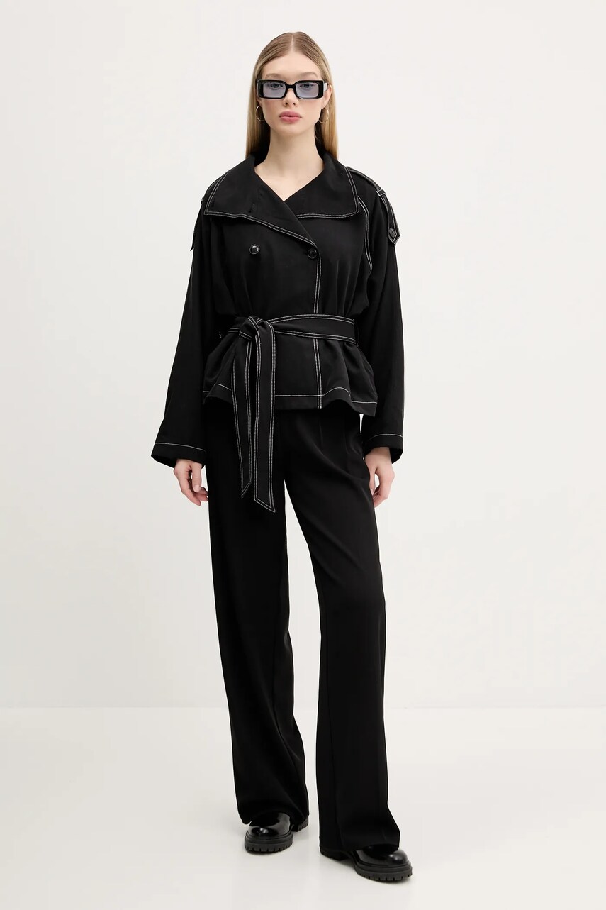 Плащ з домішкою льону HUGO жіночий колір чорний перехідний oversize 50536642