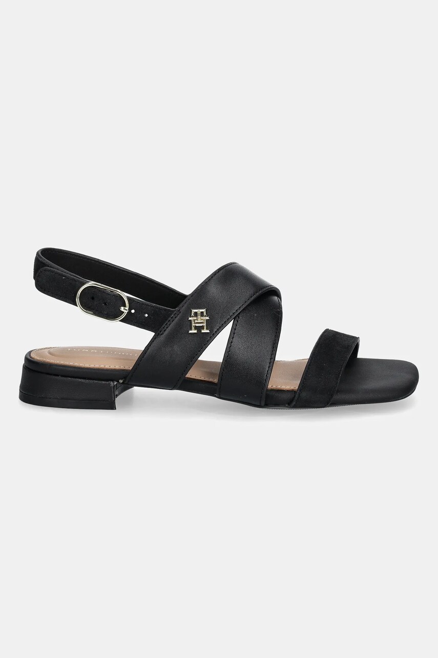 Шкіряні сандалі Tommy Hilfiger LEATHER & SUEDE FLAT SANDAL жіночі колір чорний FW0FW08507