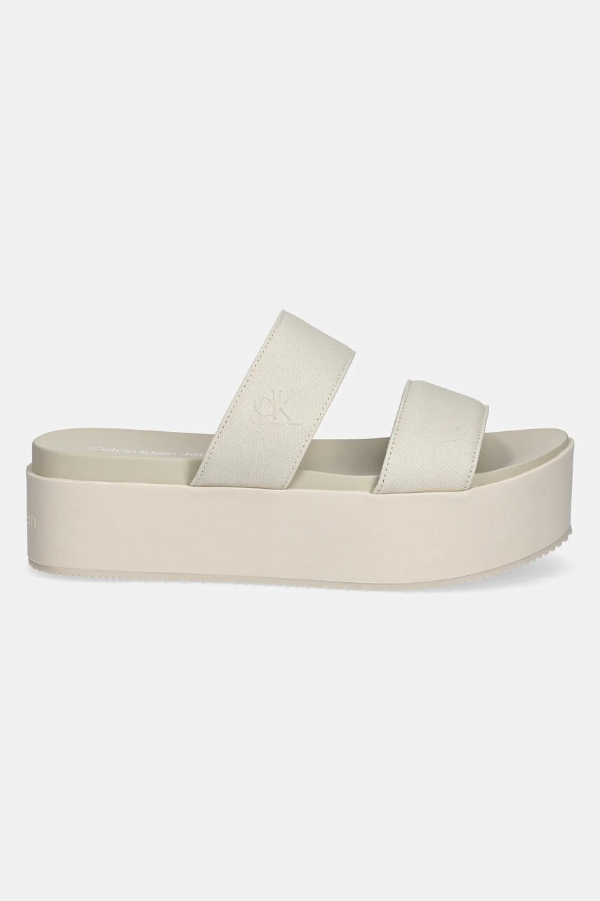 Шльопанці Calvin Klein Jeans FLATFORM SANDAL WEBBING IN жіночі колір бежевий на платформі YW0YW01789